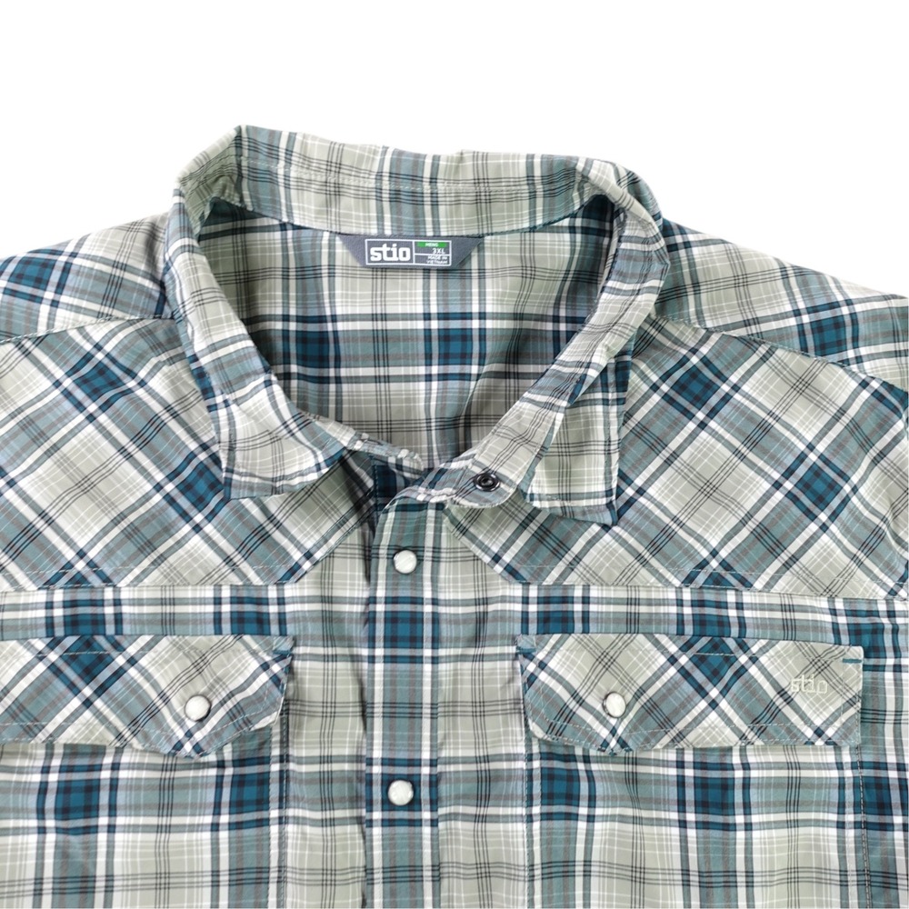 Stio Button Down Shirt Mens 3XL Blue Plaid Short Sleeve Western Snap Technical